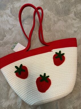 Red & White Strawberry Appliqué Tote Bag - Women's Summer Tote